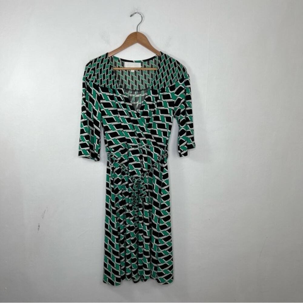 Superfoxx Short Flutter Sleeve Geometric Print Midi Tie Waist Wrap Dress Size M